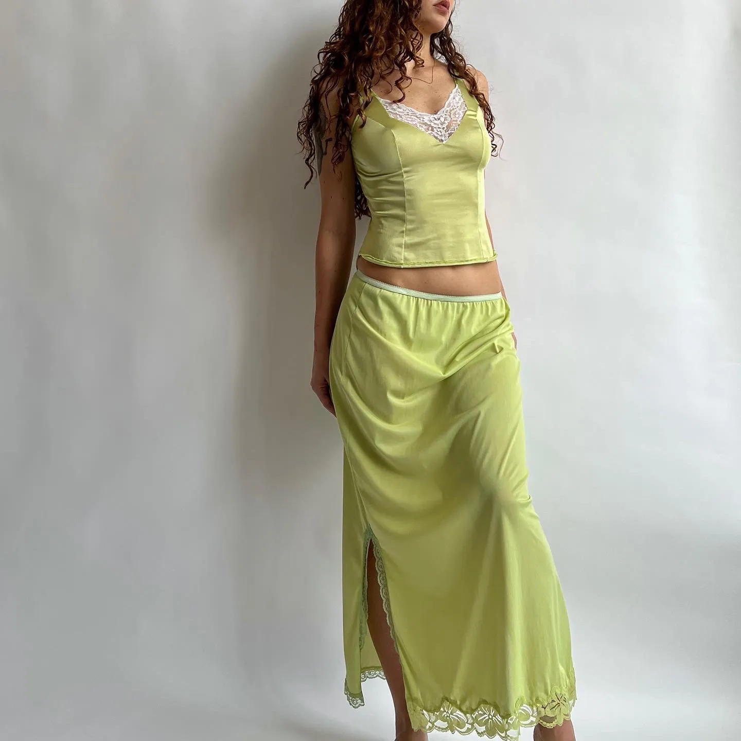 Light green hand dyed satin maxi skirt - S/M