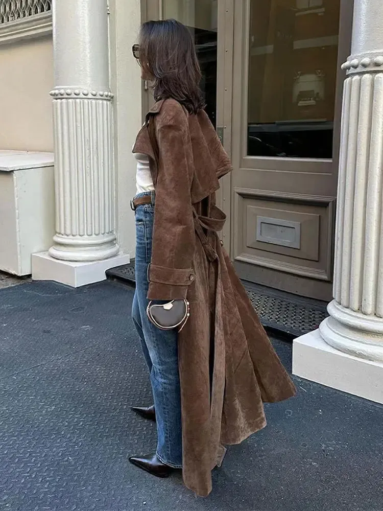 Long suede windbreaker trench coat