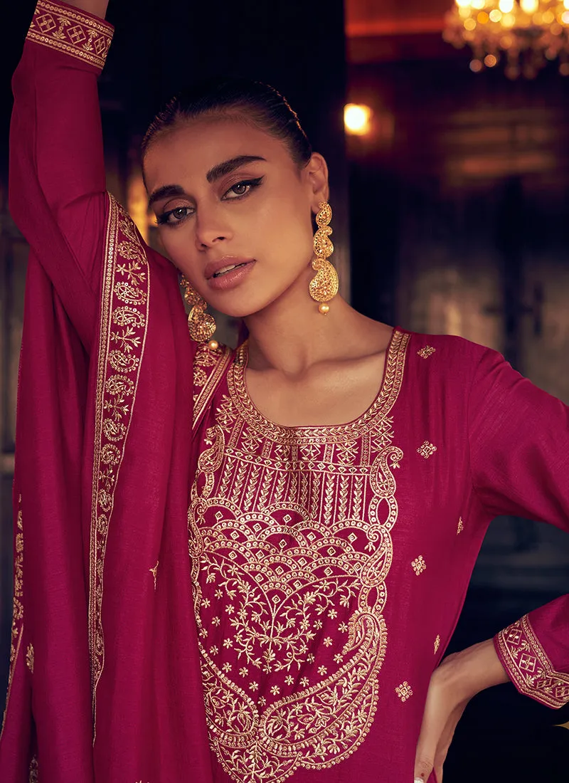 Magenta Sequence Embroidery Traditional Palazzo Suit