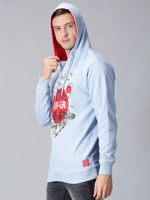 Men Light Blue Printed Hooded Sweatshirt