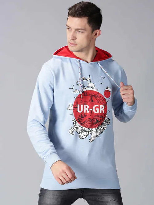 Men Light Blue Printed Hooded Sweatshirt