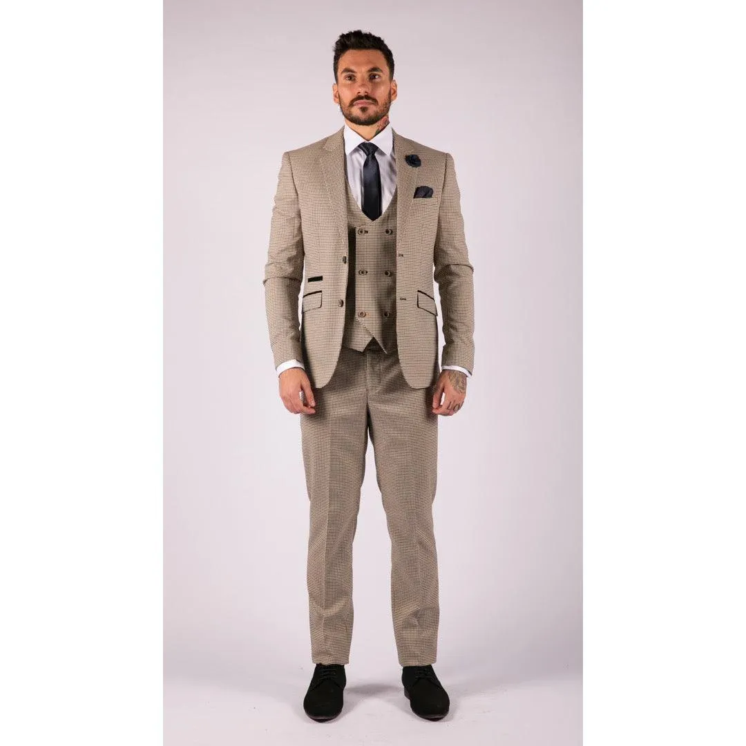 Mens Beige Navy Check Suit Vintage Classic Prince Of Wales Tailored Fit Wedding