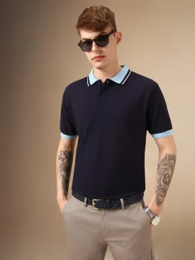 Men's Navy Solid Polo Collar Half Sleeve Casual T-Shirt