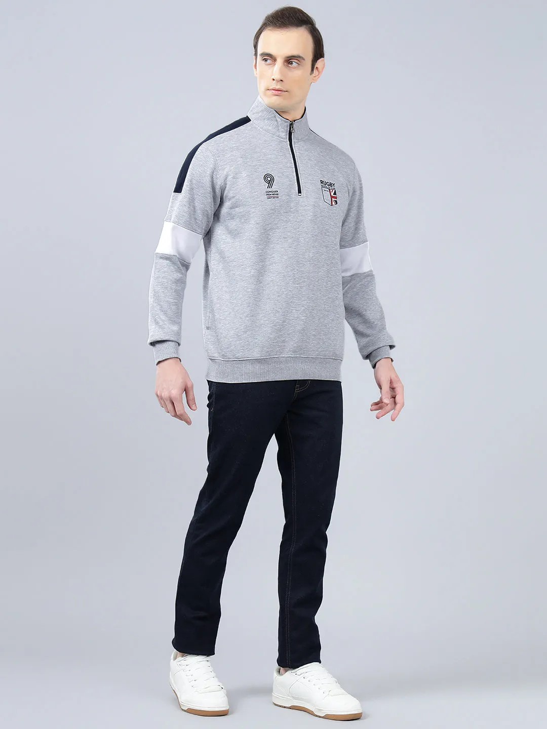 Men's Solid Grey Melange Mock Collar Sweatshirt