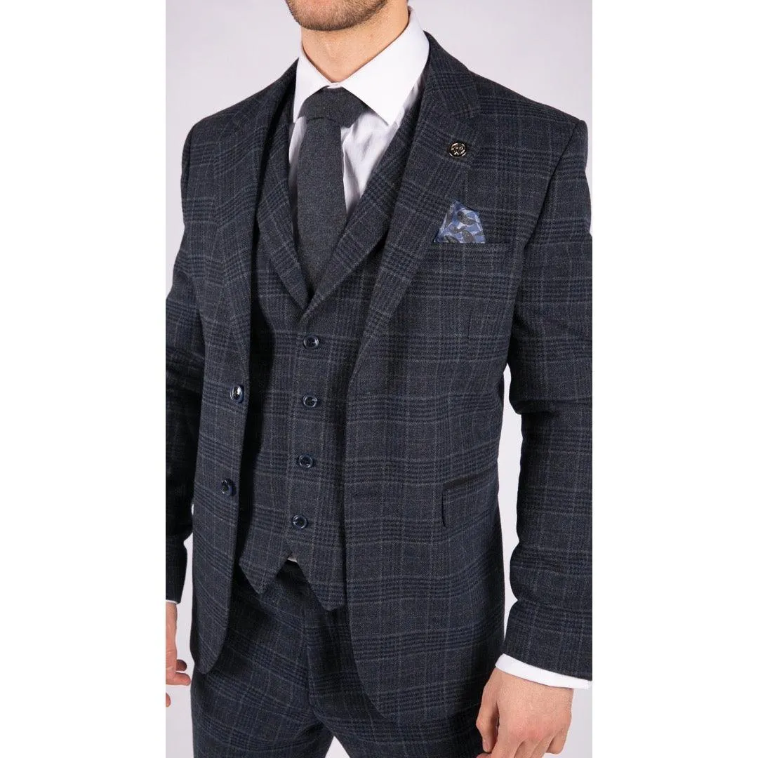 Mens Tweed 3 Piece Suit Blue Check Vintage 1920s Gatsby Blinders Tailored Fit