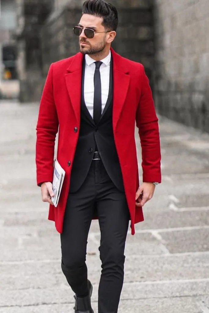 Mens Tweed Red Vintage Long Jacket Red Trench Winter Over - Coat For Men