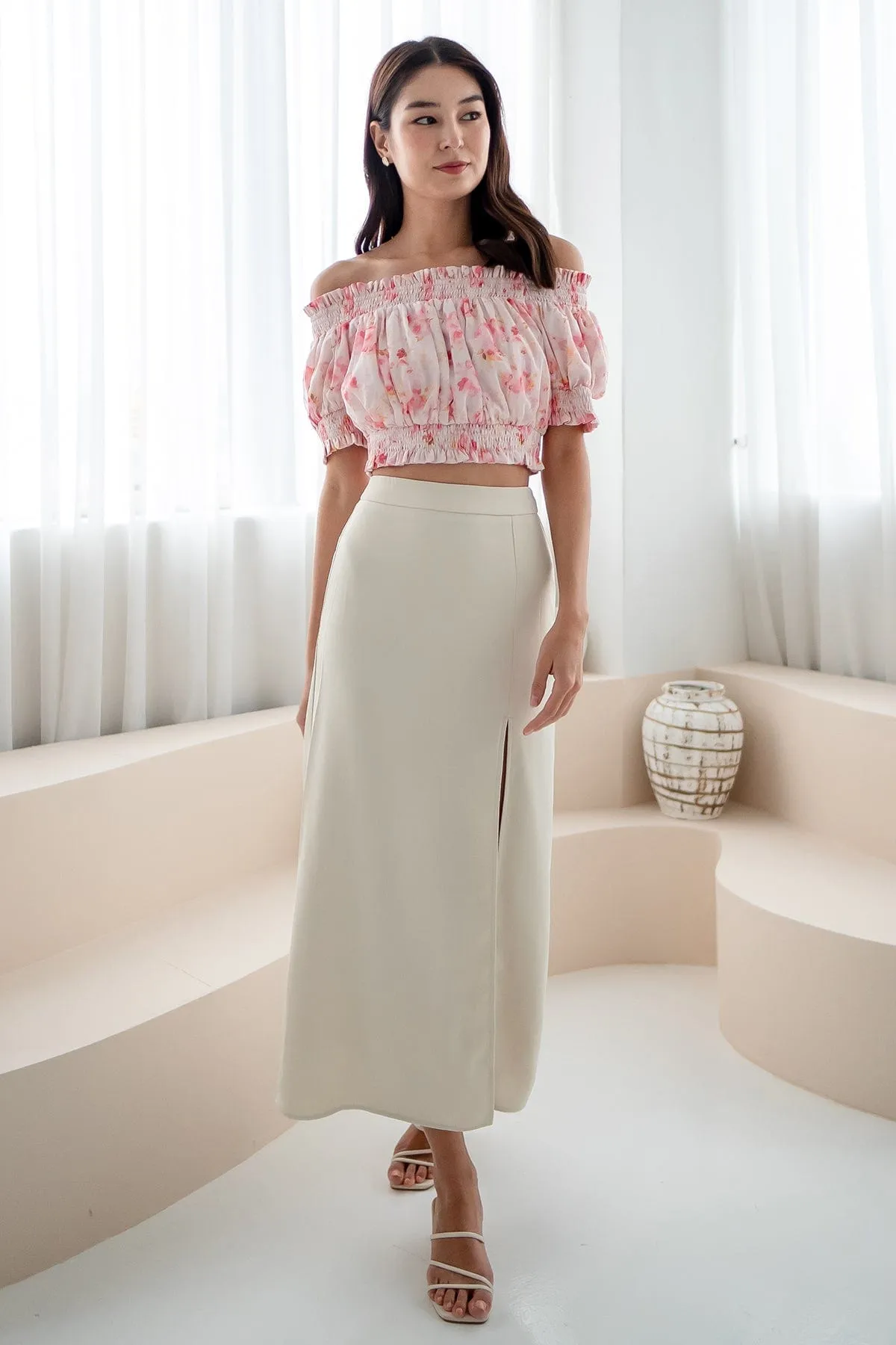 MINNIE SLIT MAXI SKIRT IN NUDE CREAM