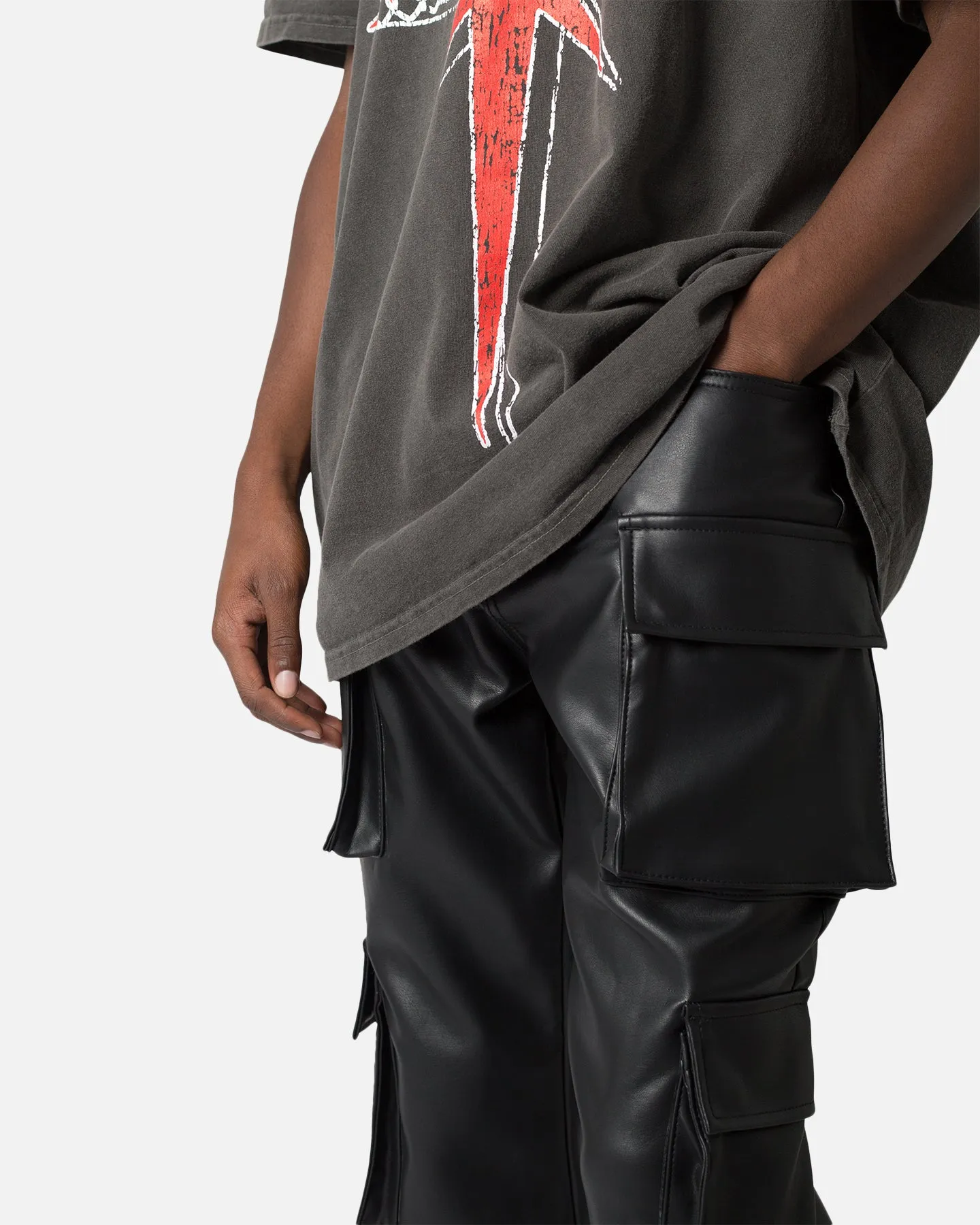 MNML Leather Double Snap Cargo Pants Black