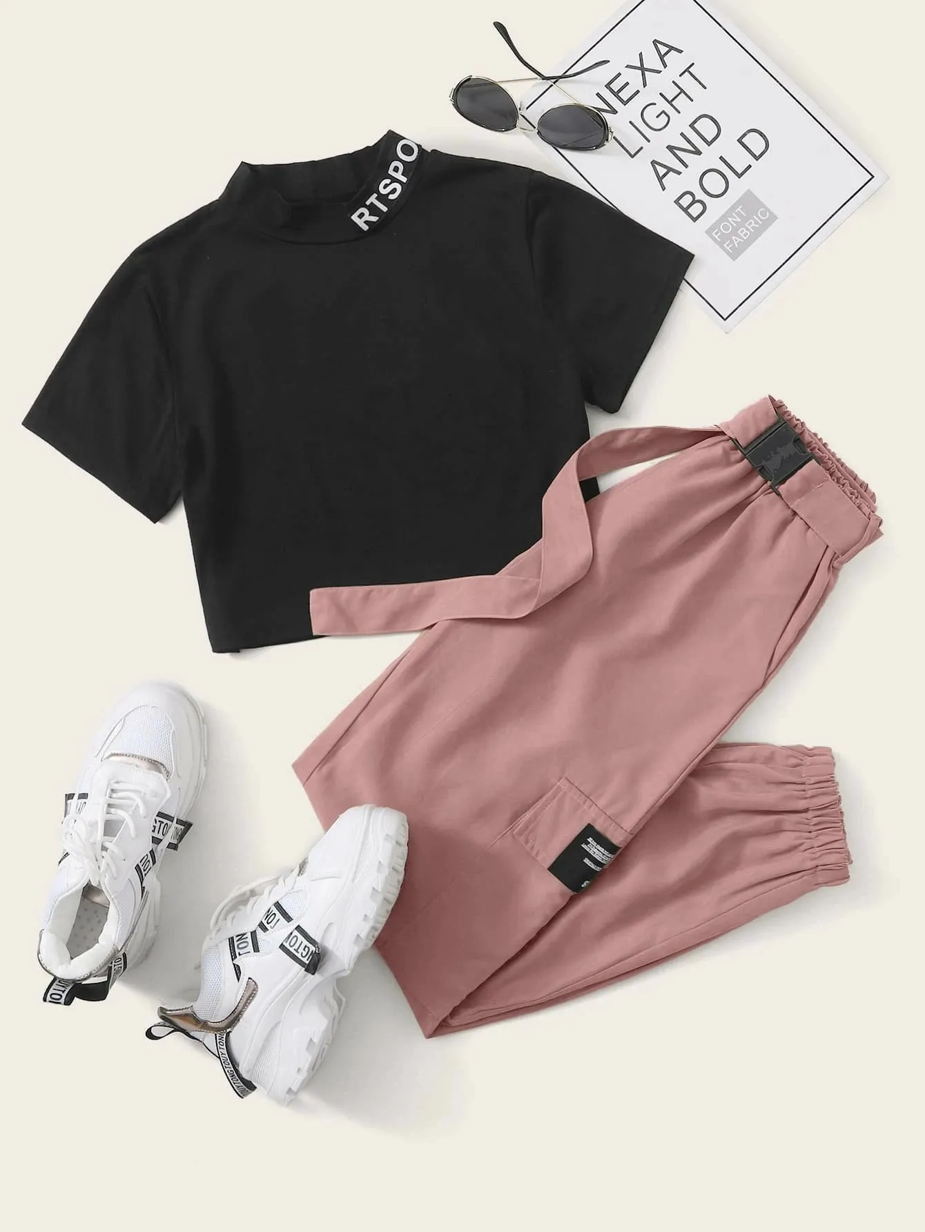 Mock Neck Tee And Belted Cargo Pants