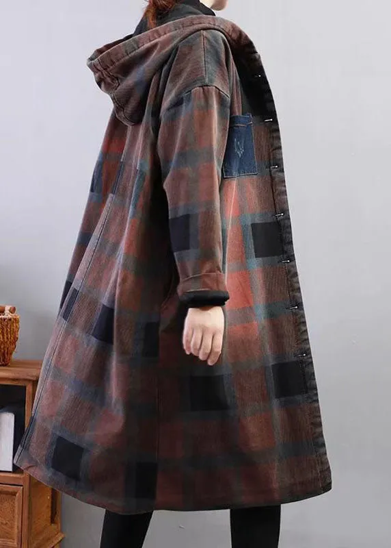 Modern Khaki Hooded Plaid Fine Cotton Filled Trench Winter