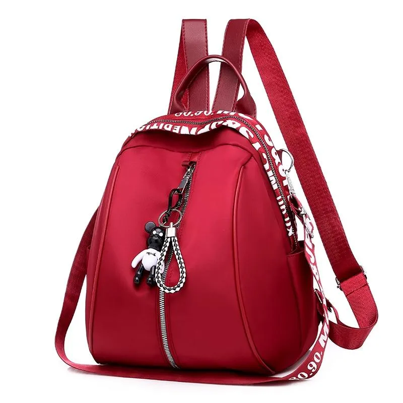 Multifunctional Waterproof Women's Zippered Nylon Backpack With Small Pendant