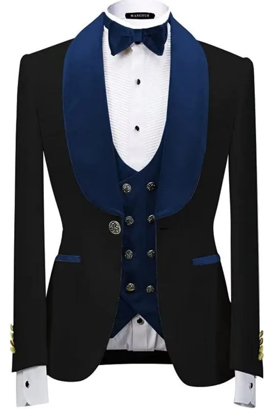 Neal Form-Fitting Navy Blue Shawl Collar Three-Piece Velvet Wedding Outfit