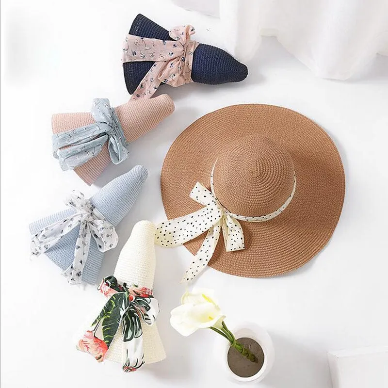 New Summer Female Sun Hat Bow Ribbon Panama Beach Hats For Women Chapeu Feminino Sombrero Floppy Straw