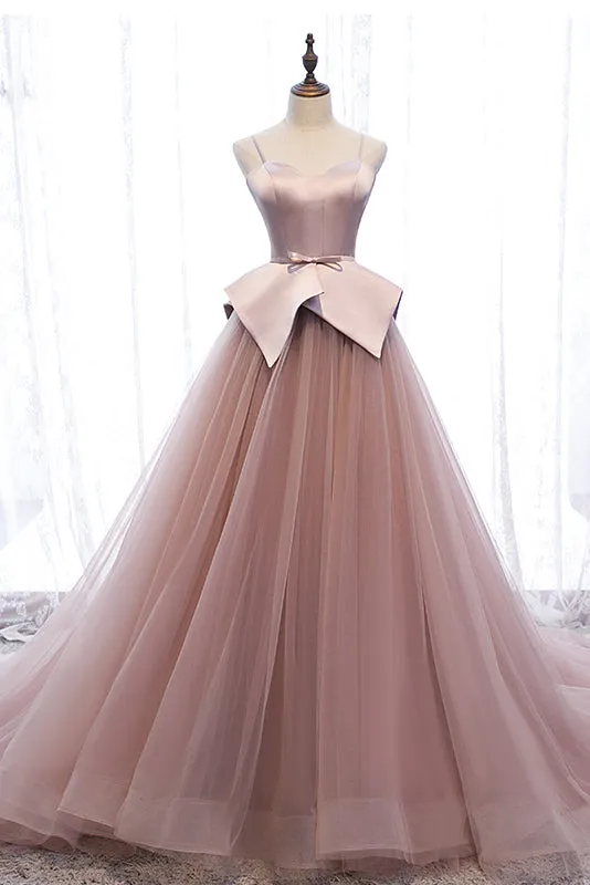 Pink Spaghetti Straps Tulle Long Formal Prom Dress Unique Long Wedding Dess