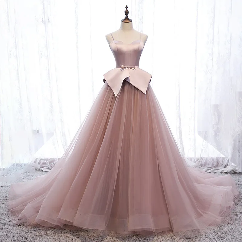 Pink Spaghetti Straps Tulle Long Formal Prom Dress Unique Long Wedding Dess