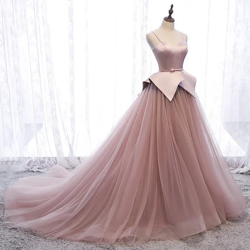 Pink Spaghetti Straps Tulle Long Formal Prom Dress Unique Long Wedding Dess