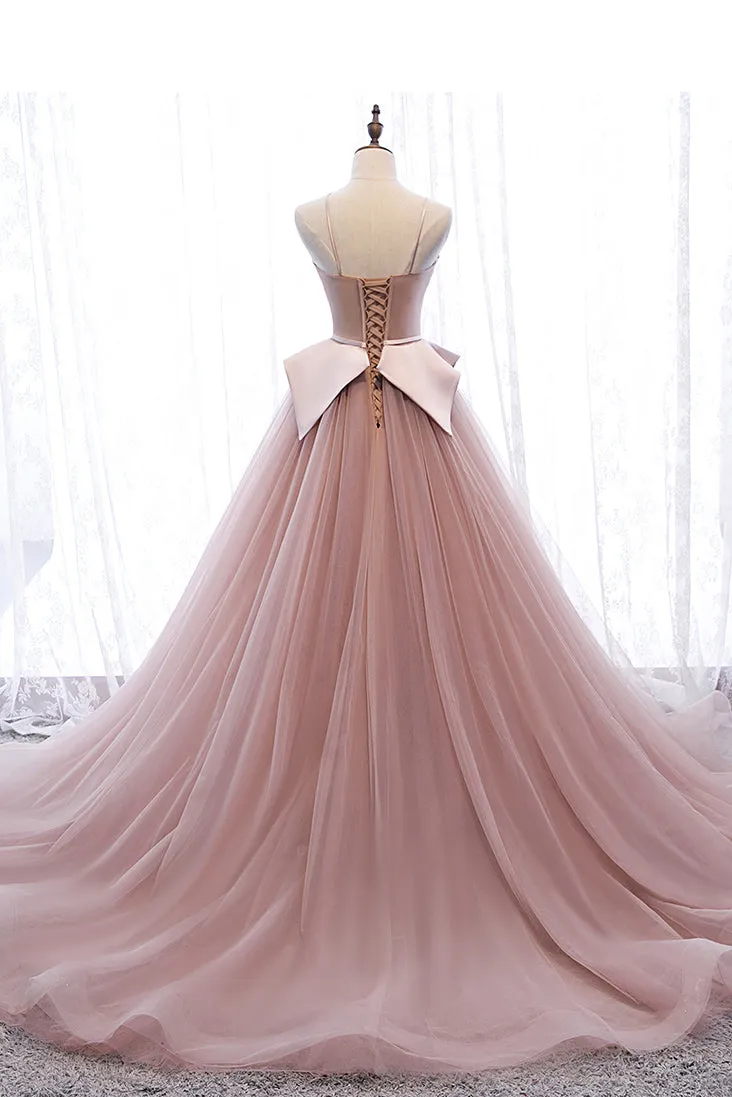 Pink Spaghetti Straps Tulle Long Formal Prom Dress Unique Long Wedding Dess