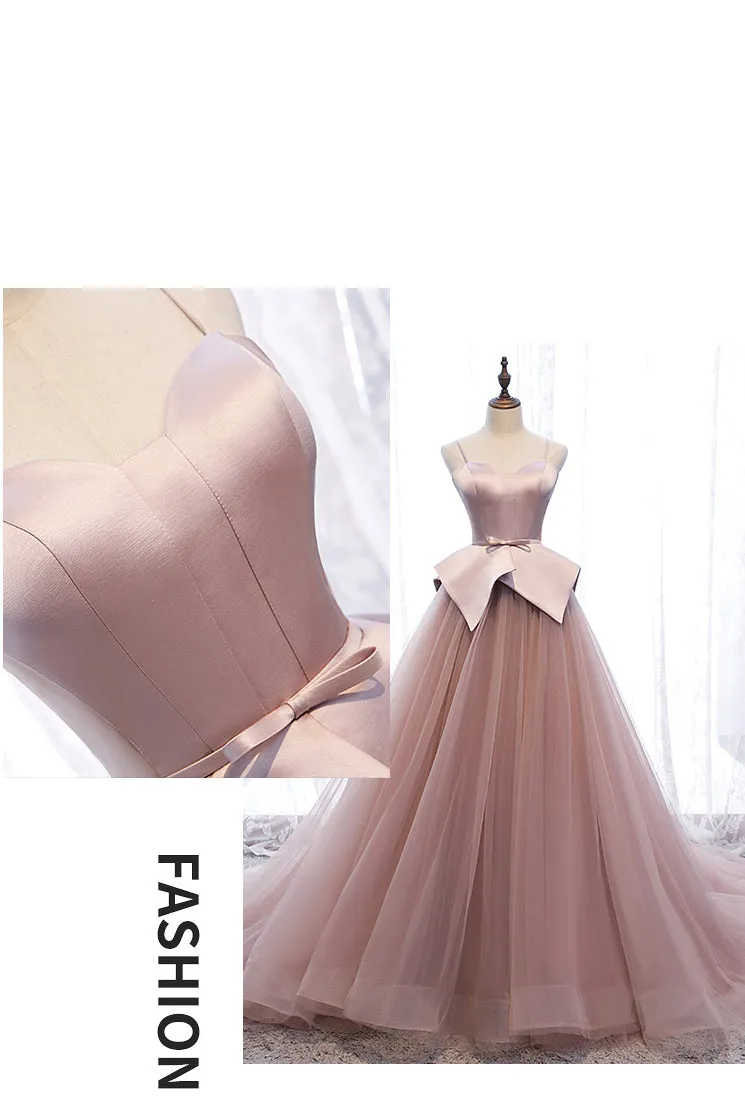 Pink Spaghetti Straps Tulle Long Formal Prom Dress Unique Long Wedding Dess