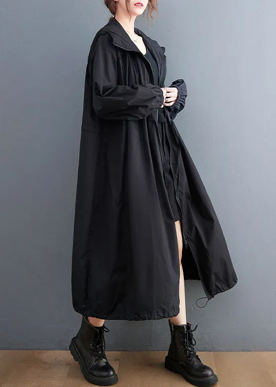 Plus Size Black Hooded Drawstring Cotton Trench Coat Spring AC2003