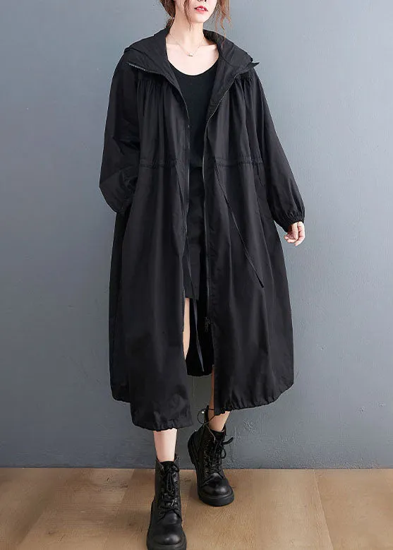 Plus Size Black Hooded Drawstring Cotton Trench Coat Spring AC2003