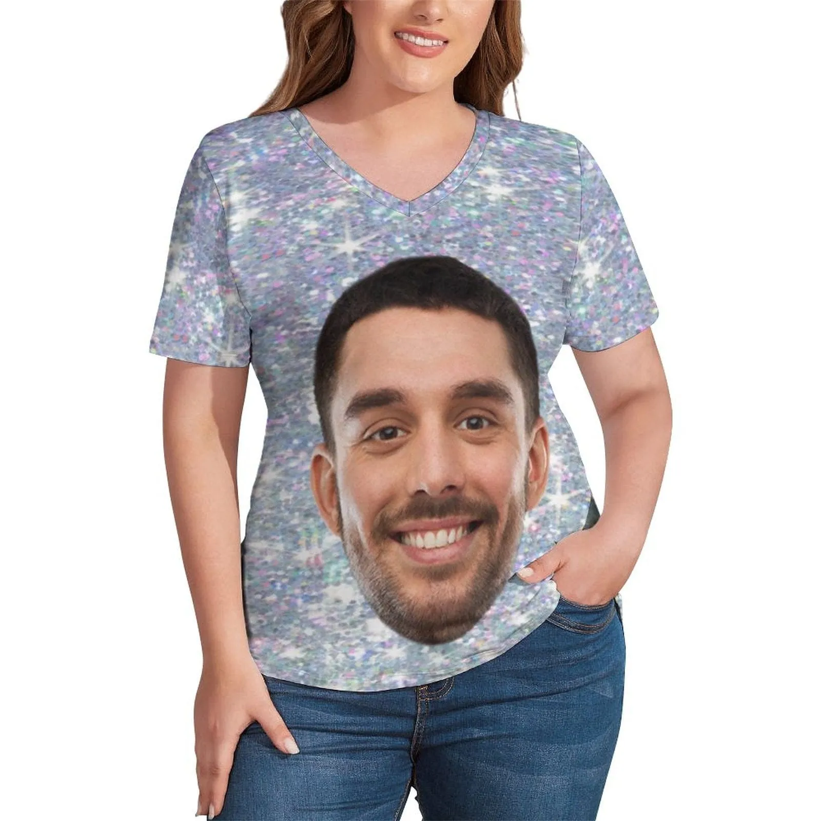 #Plus Size T-shirt-Custom Galaxy Plus Size V Neck T-shirt for Her Print Your Own Face on Shirt