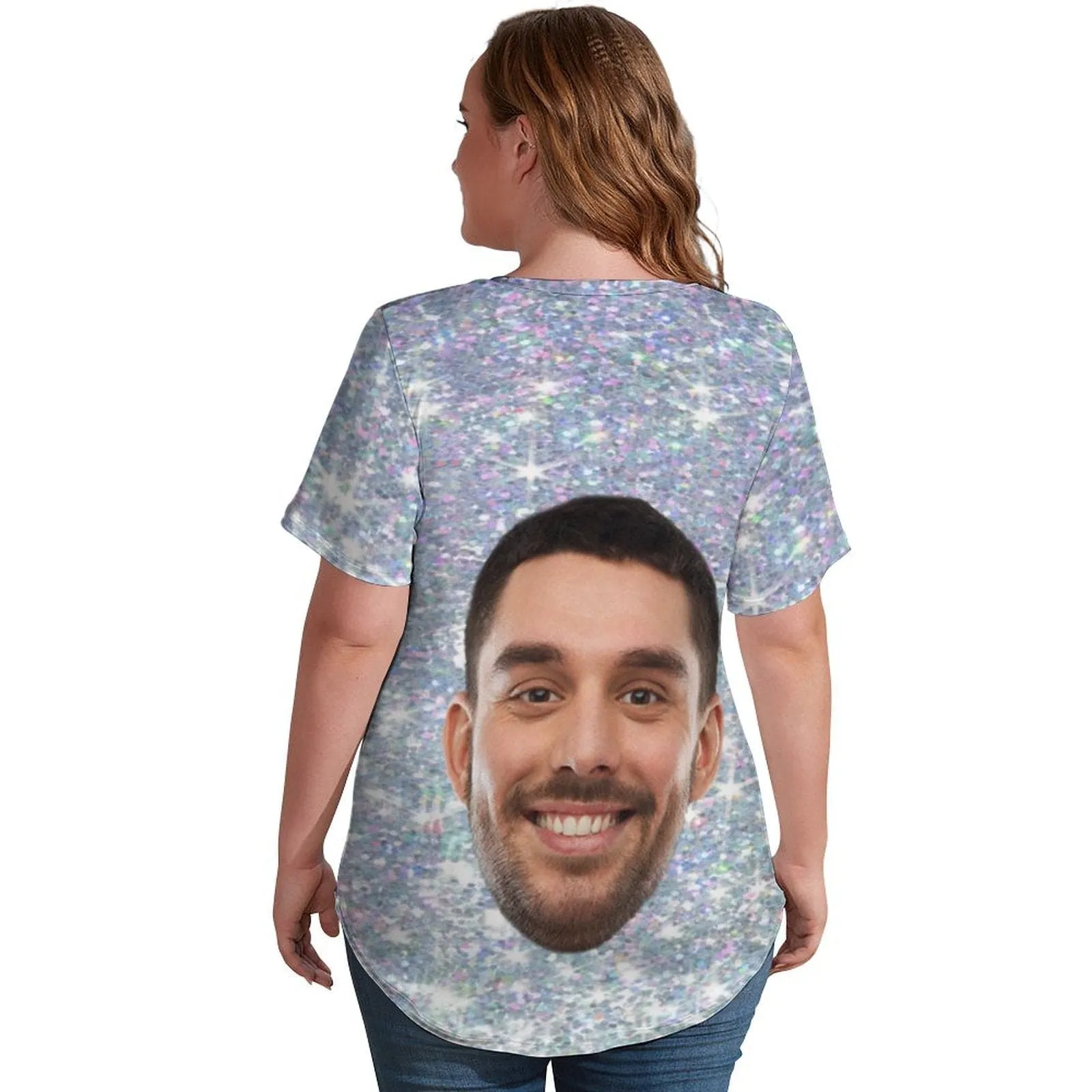 #Plus Size T-shirt-Custom Galaxy Plus Size V Neck T-shirt for Her Print Your Own Face on Shirt