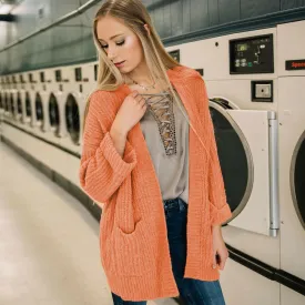 Pretty Open Front Drop Shoulder Coral Chunky Rib Knit Long Cardigan