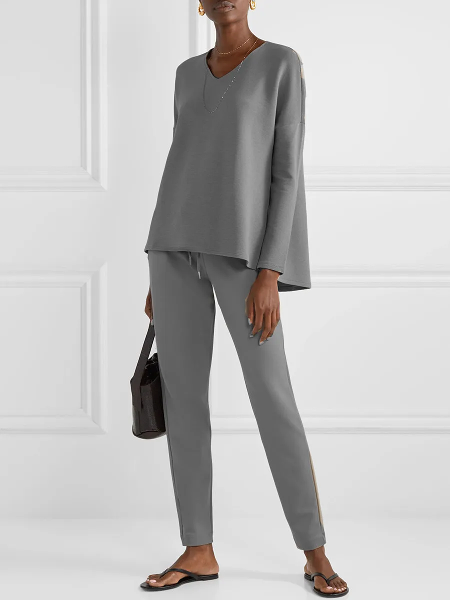 Pure Color V-Neck Casual Long Sleeve Suit