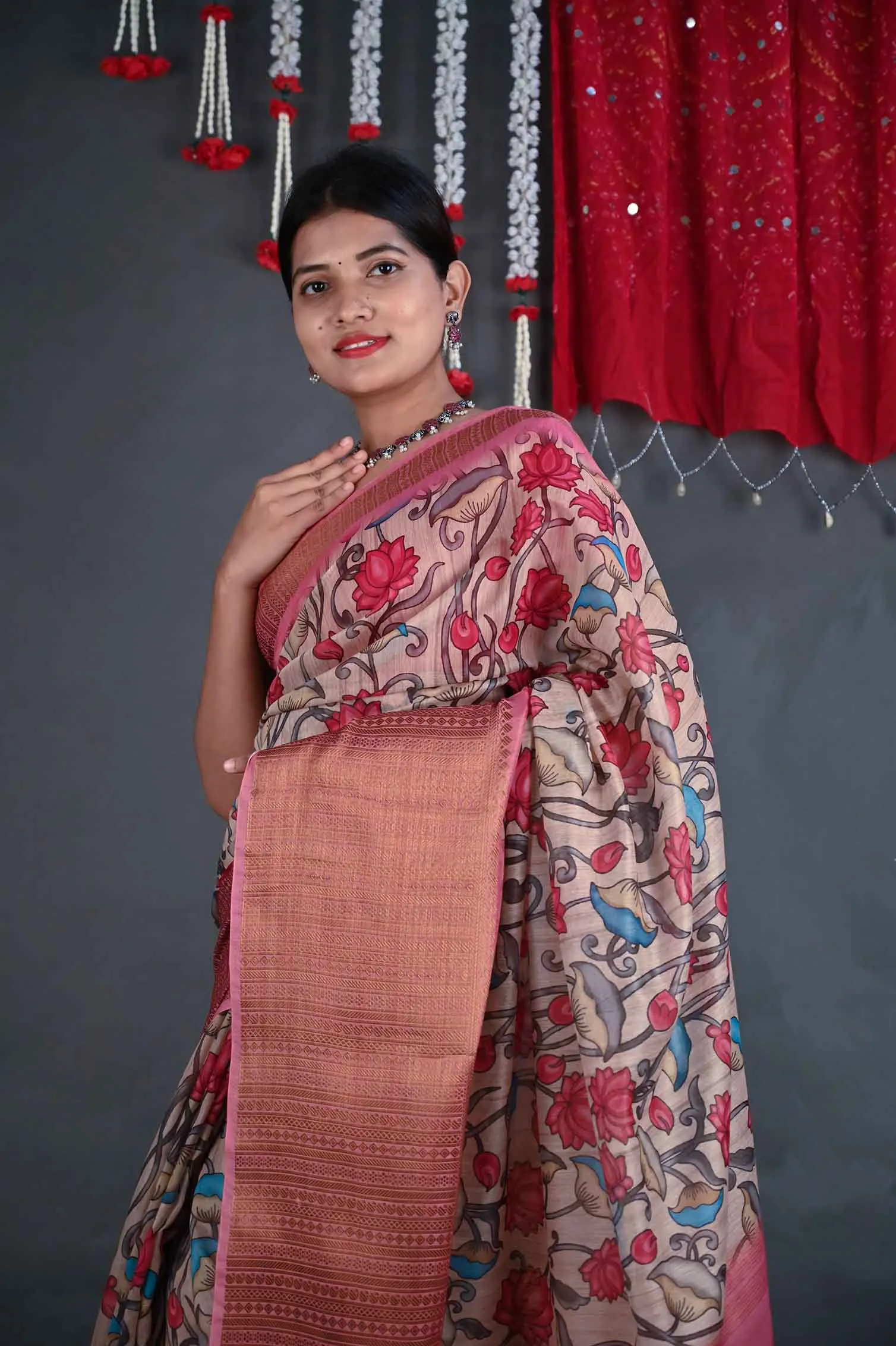 Ready to wear madhubani print with zari woven border and Tassels Wrap in 1 minute saree