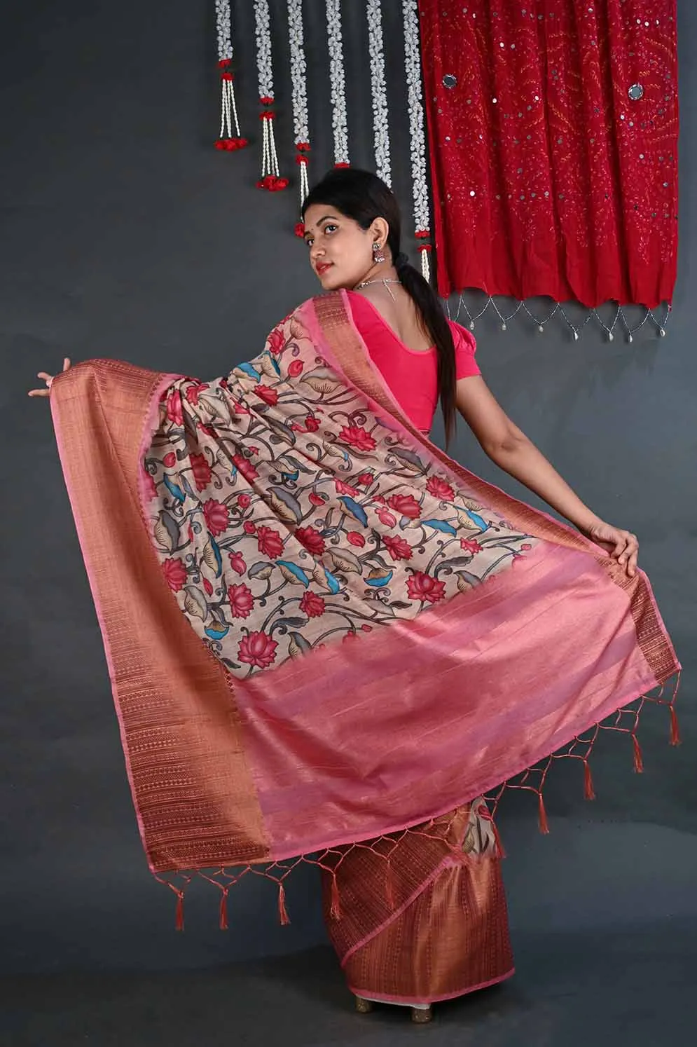 Ready to wear madhubani print with zari woven border and Tassels Wrap in 1 minute saree