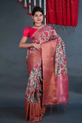 Ready to wear madhubani print with zari woven border and Tassels Wrap in 1 minute saree