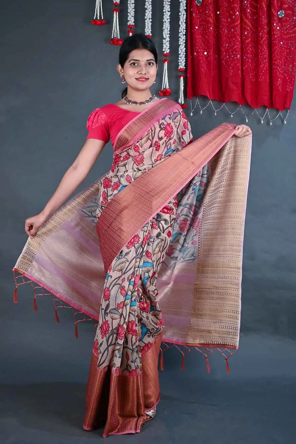 Ready to wear madhubani print with zari woven border and Tassels Wrap in 1 minute saree