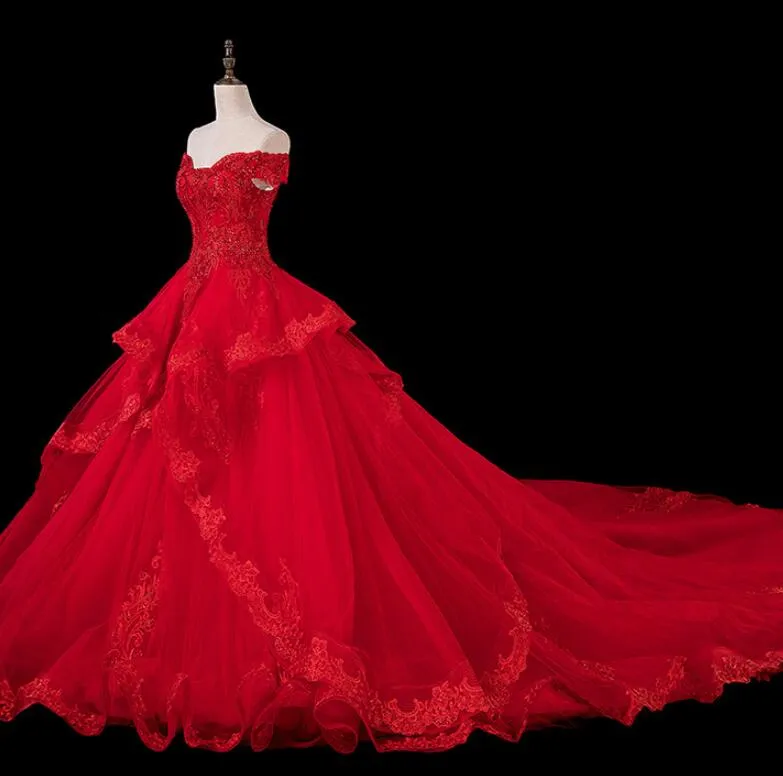 Red Lace and Tulle Gorgeous Off Shoulder Princess Sweet 16 Dress, Red Formal Gown