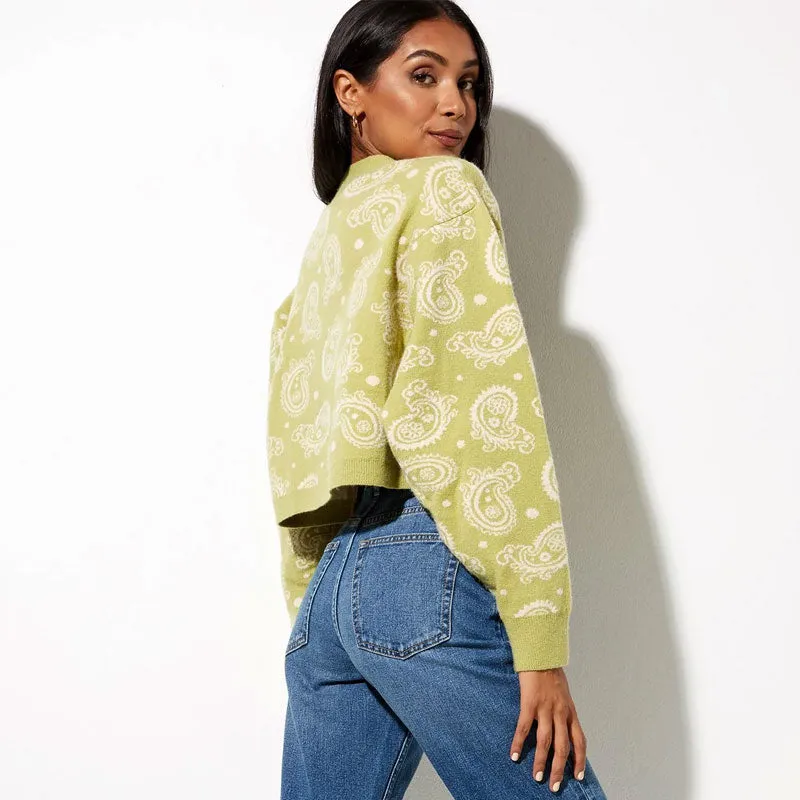 Retro Paisley Print V Neck Drop Shoulder Long Sleeve Cropped Green Knit Cardigan