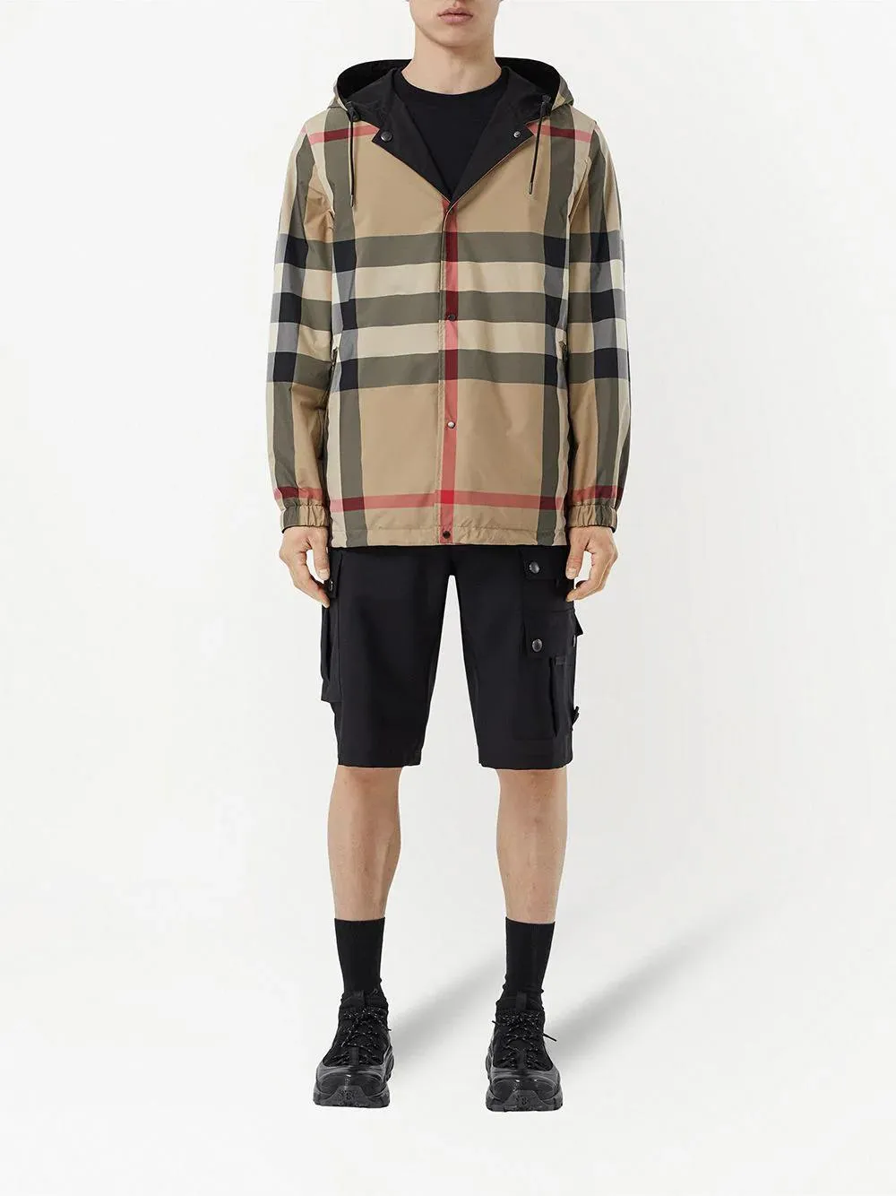 reversible check hooded jacket