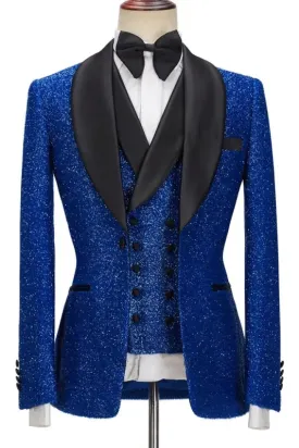 Sidney Elegant Royal Blue Sequins Shawl Collar Three-Piece Wedding Outfit