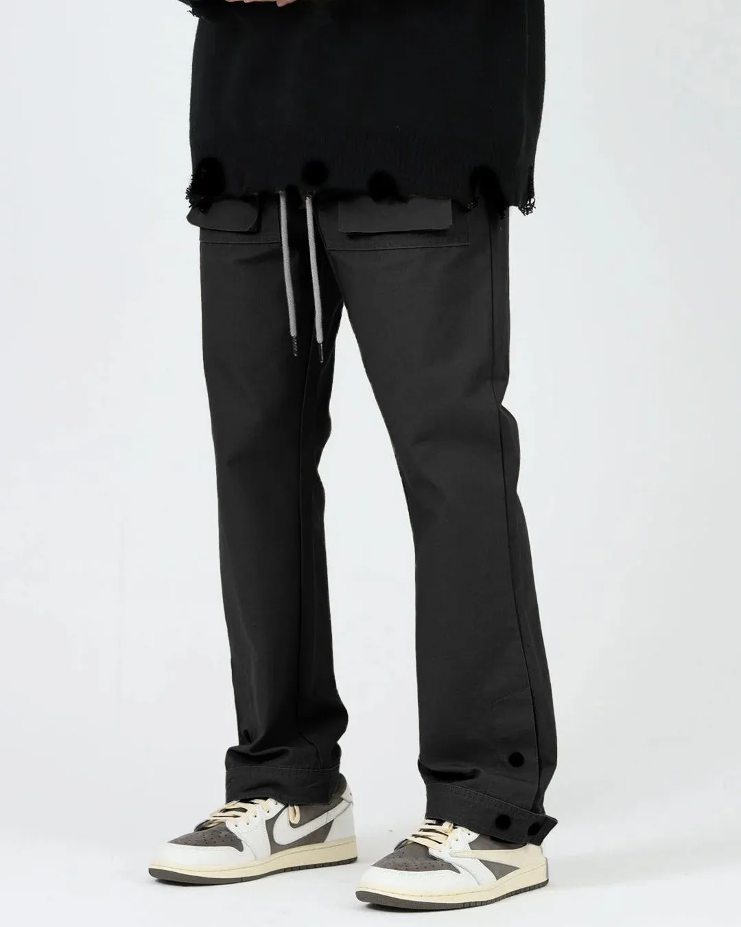 Slim Summer Thin Cargo Double Button Black Pants