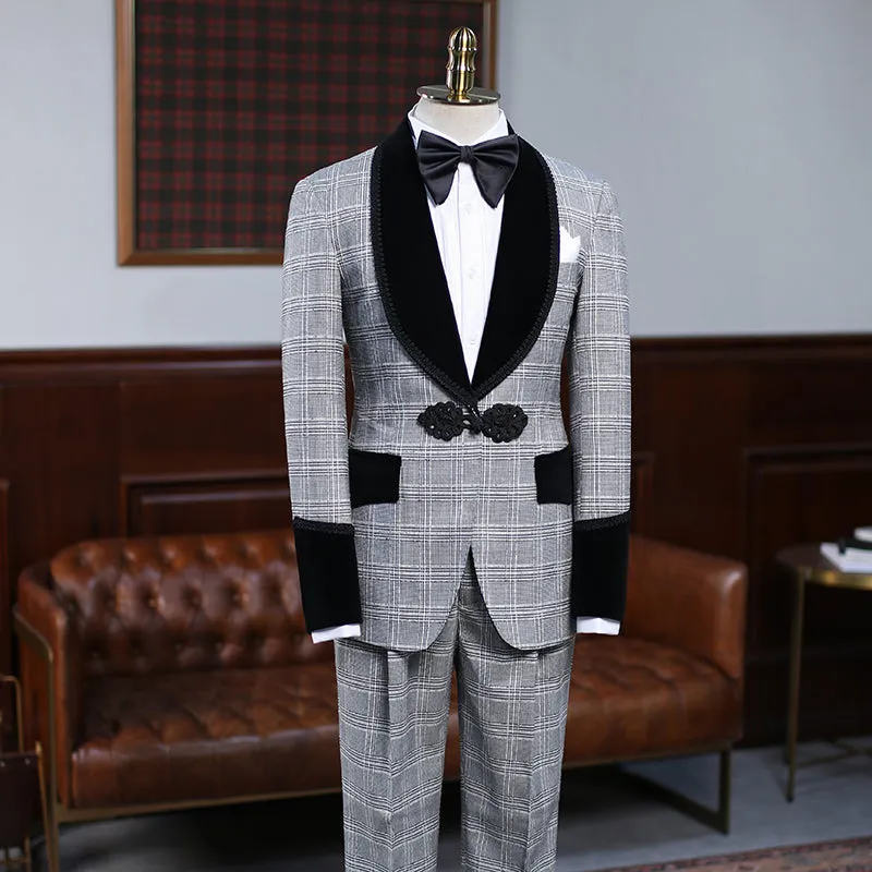 Steward Stylish Gray Plaid Knitted Button Wedding Suit for Grooms