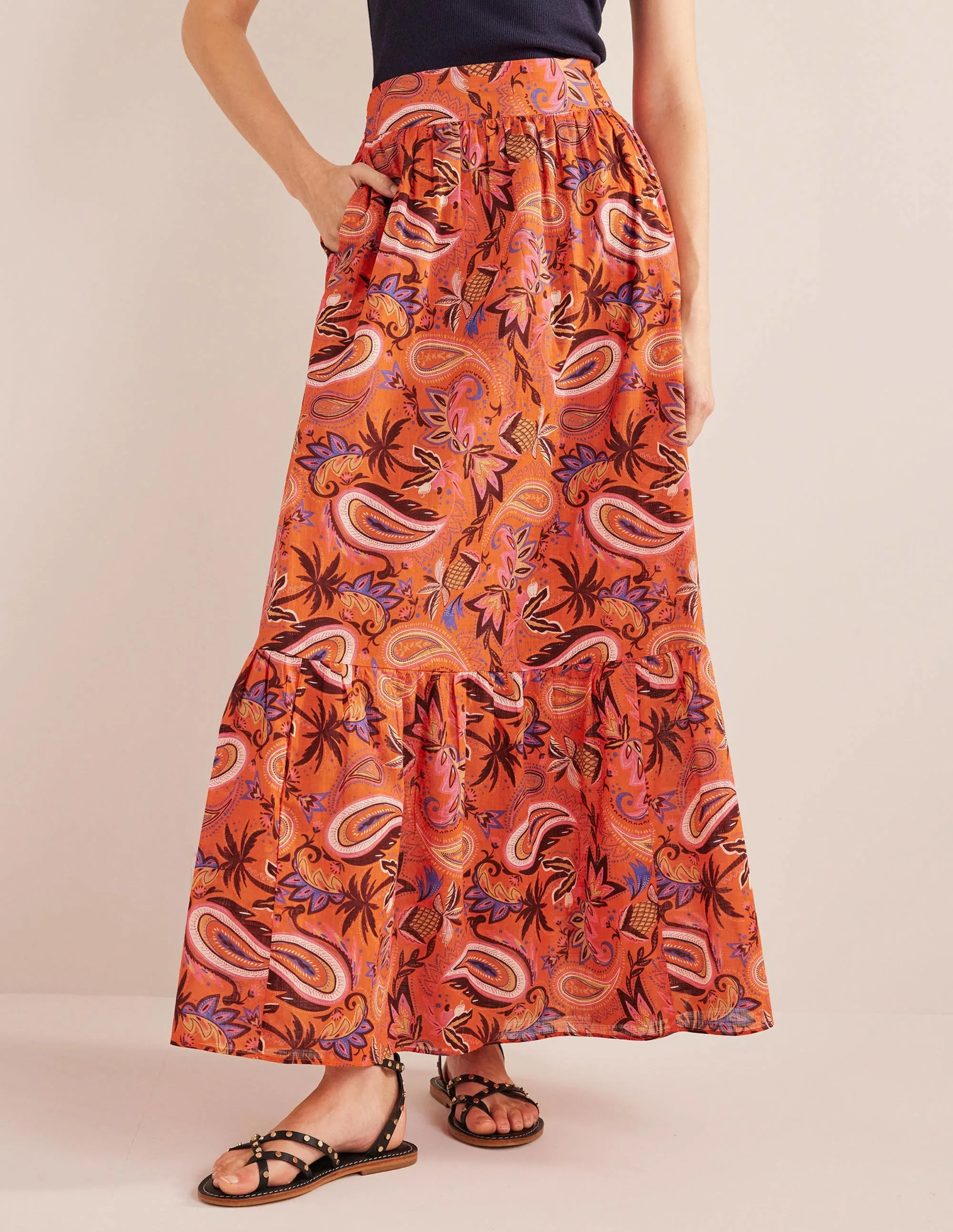 Tiered Cotton Maxi Skirt-Coral, Paradise Paisley