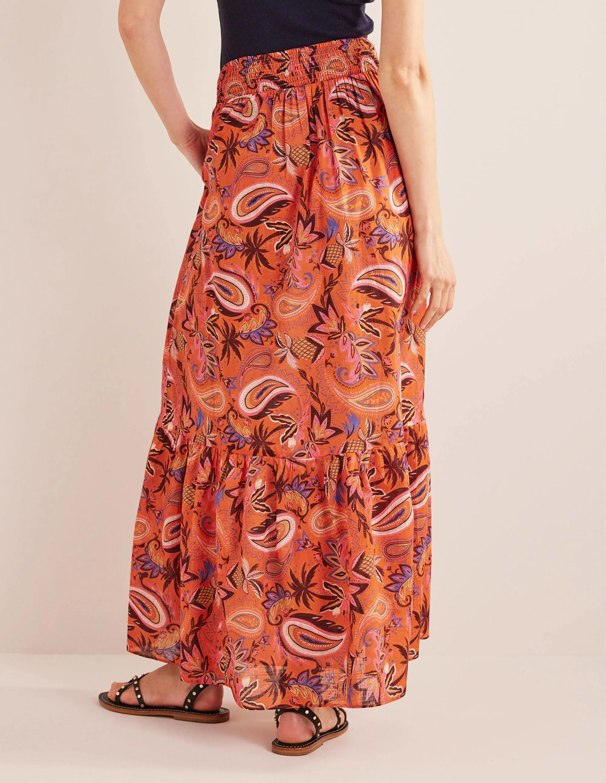 Tiered Cotton Maxi Skirt-Coral, Paradise Paisley