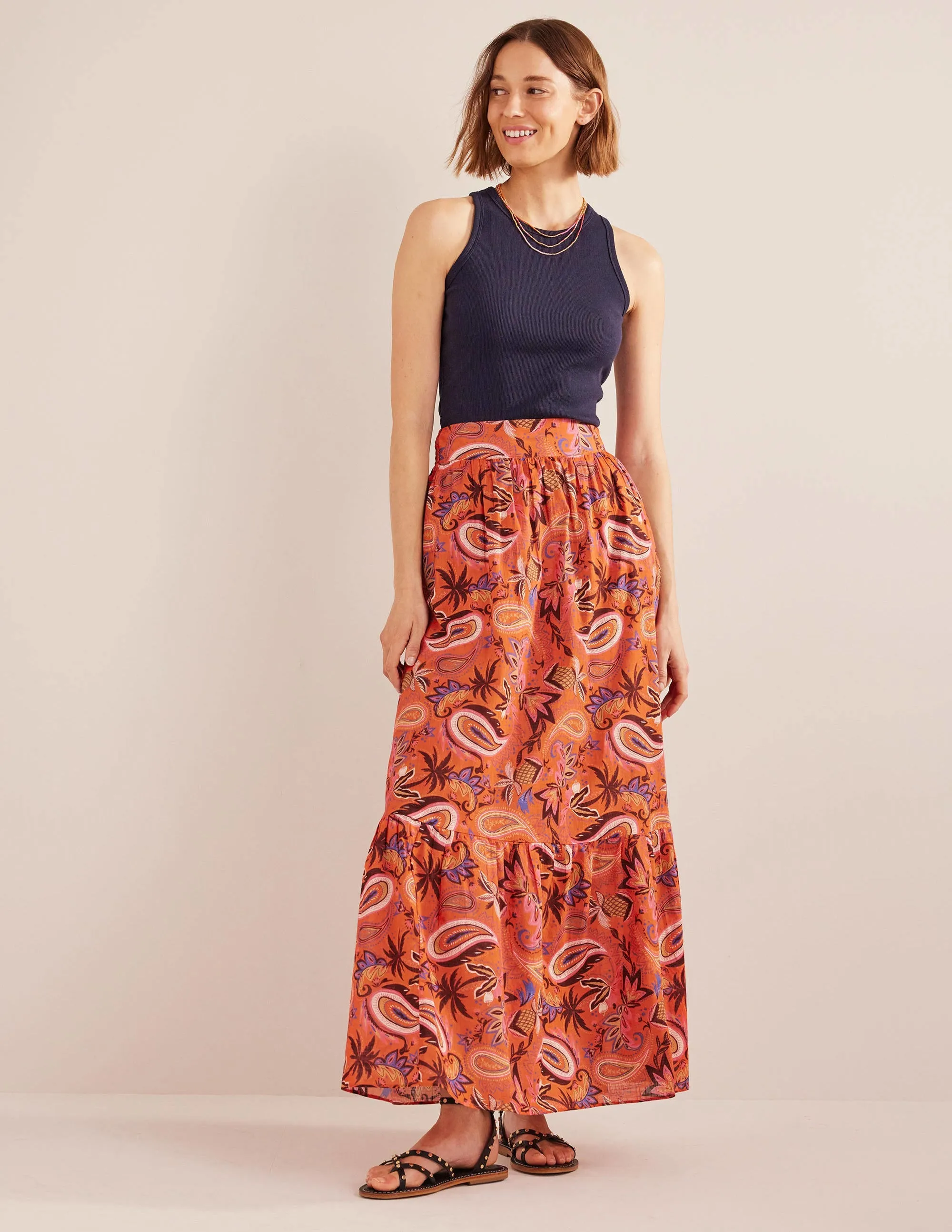 Tiered Cotton Maxi Skirt-Coral, Paradise Paisley