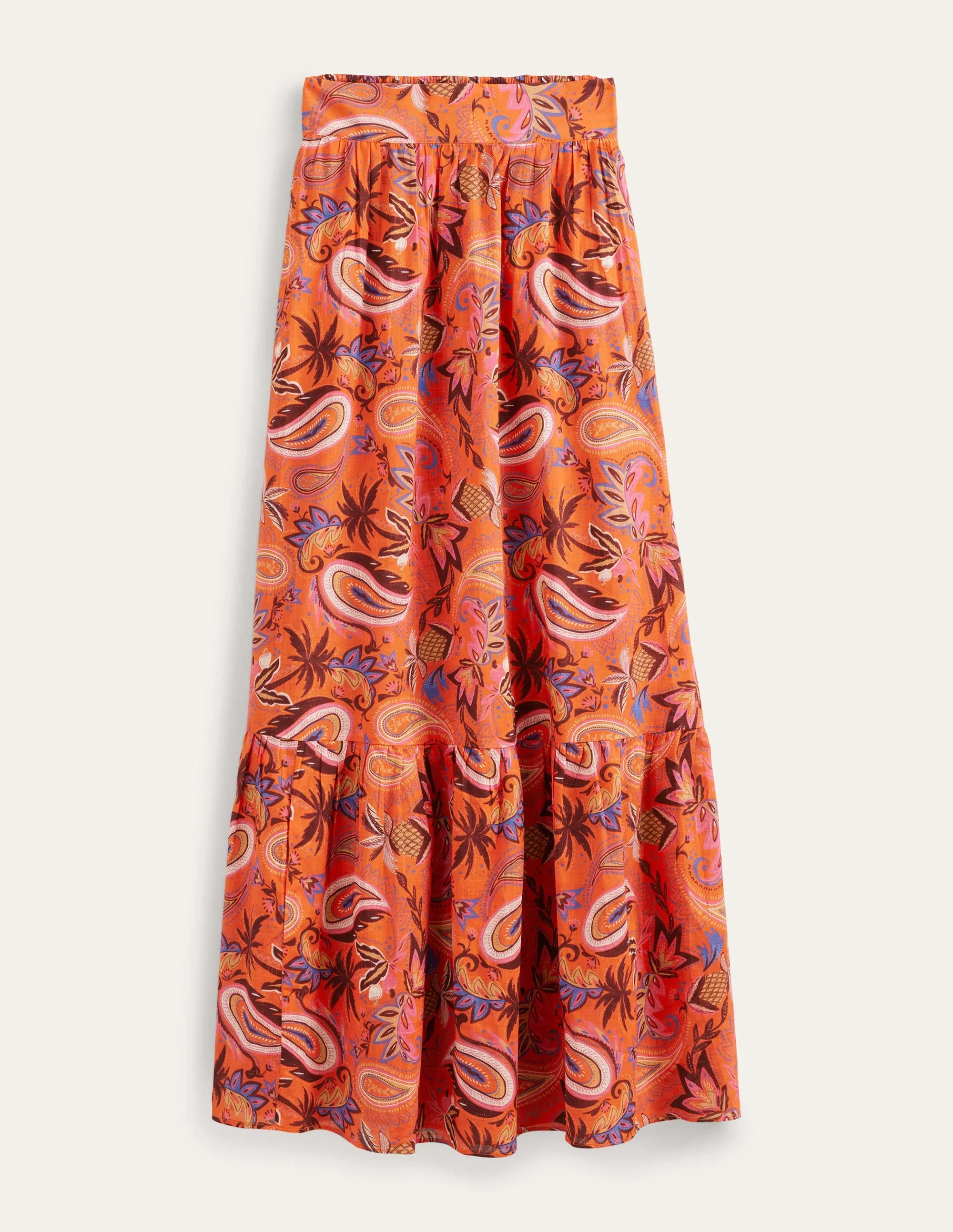 Tiered Cotton Maxi Skirt-Coral, Paradise Paisley