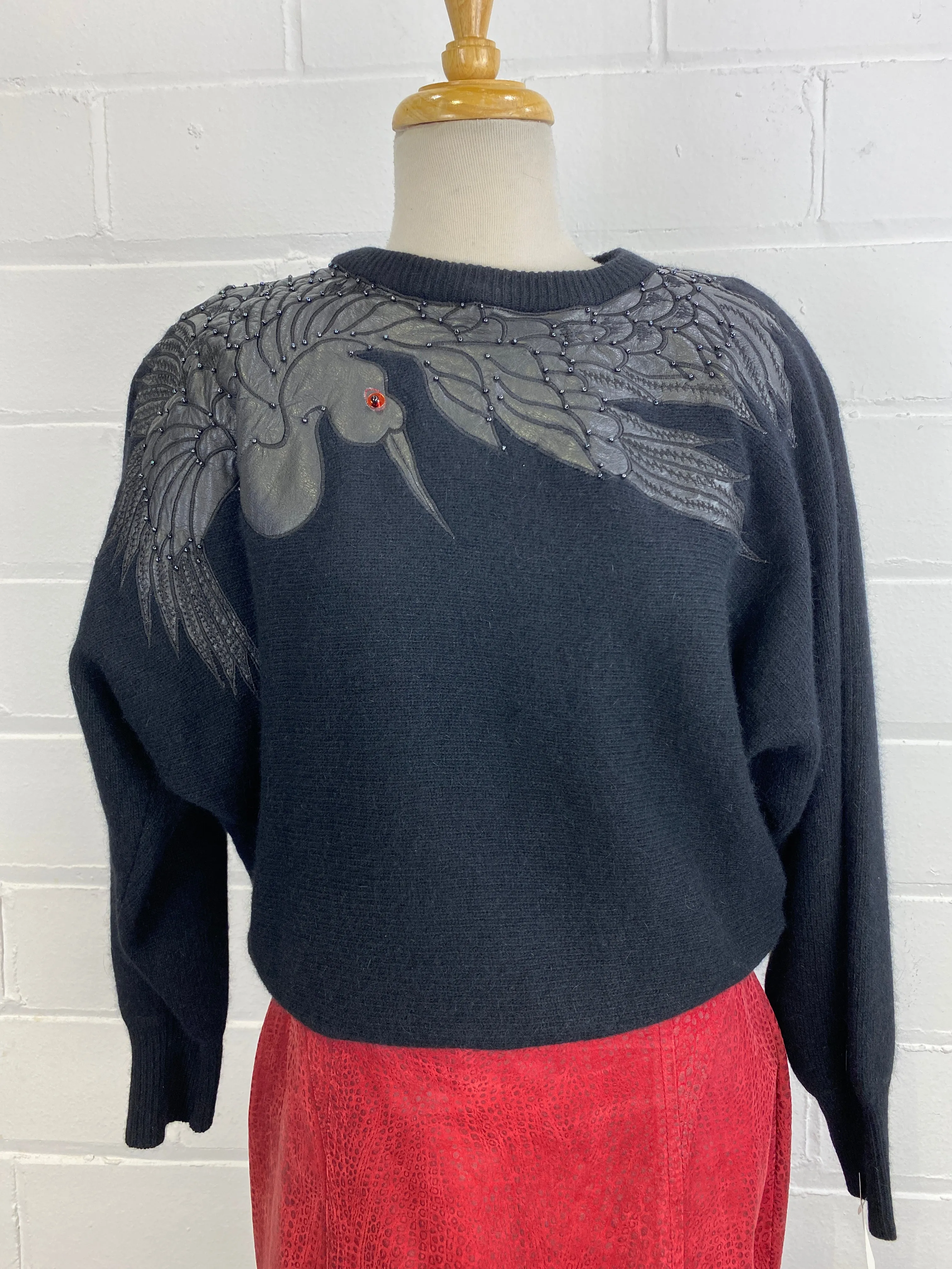 Vintage 1980s Black Wool/ Angora Sweater with Leather Appliqué Bird, Large