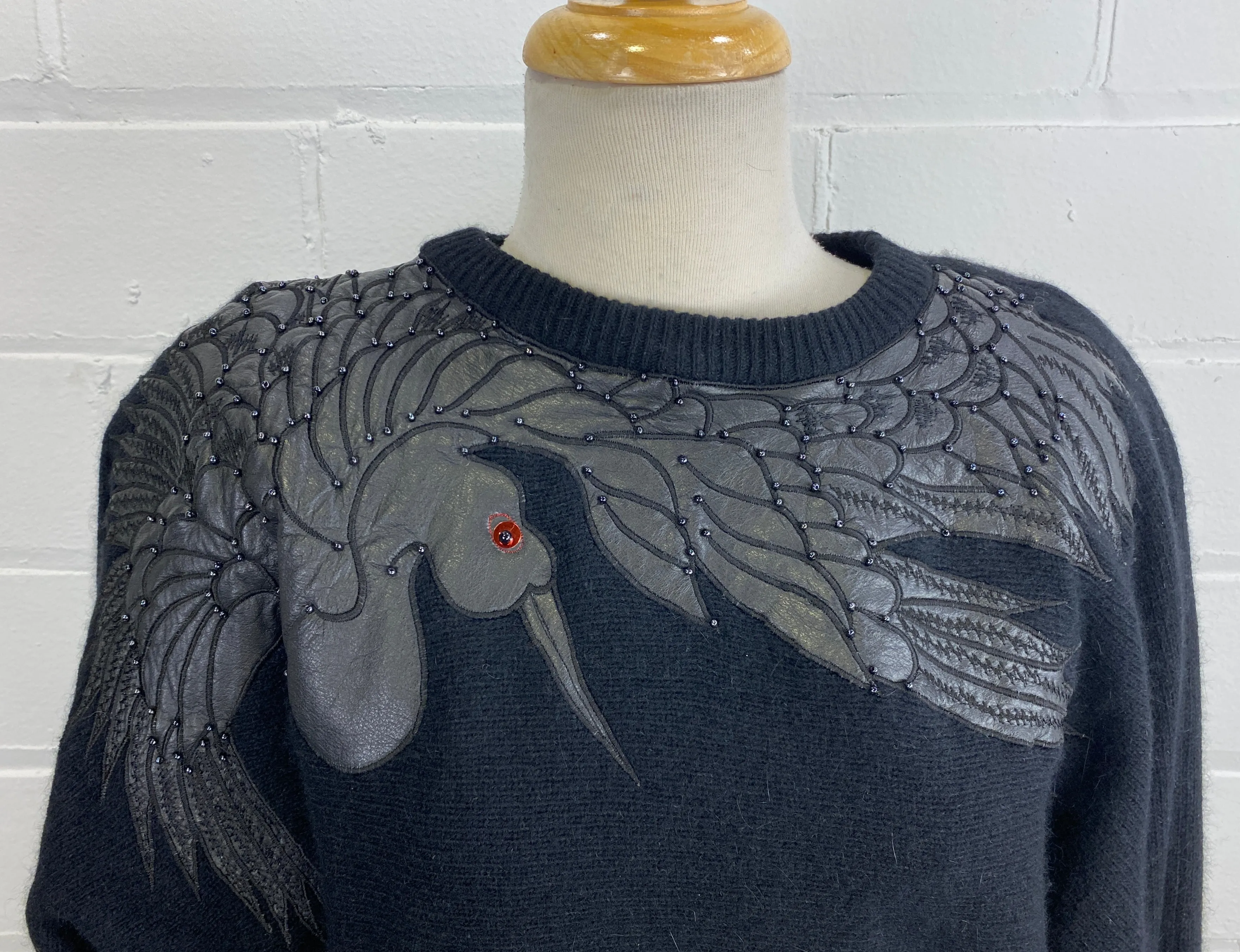 Vintage 1980s Black Wool/ Angora Sweater with Leather Appliqué Bird, Large