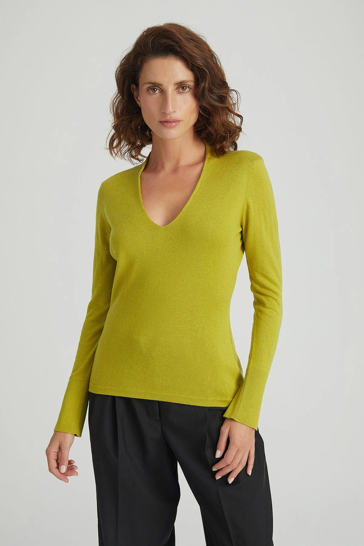 Wasabi Green Zoe Silk Cashmere Deep V Neck Knitwear