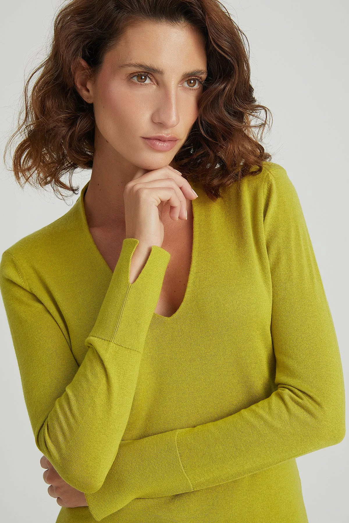 Wasabi Green Zoe Silk Cashmere Deep V Neck Knitwear