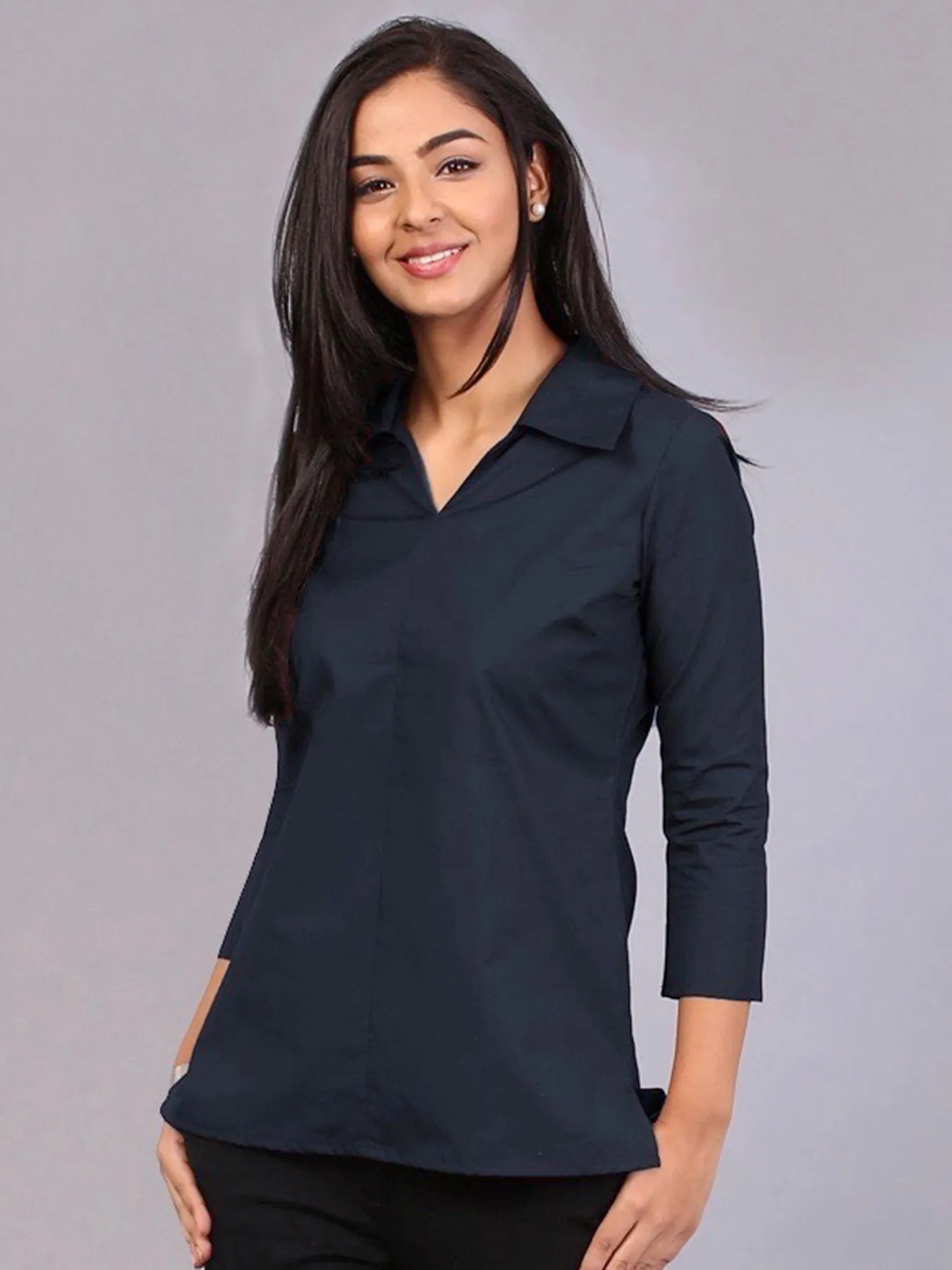 Wide Collar V-Neck Shirt - Navy