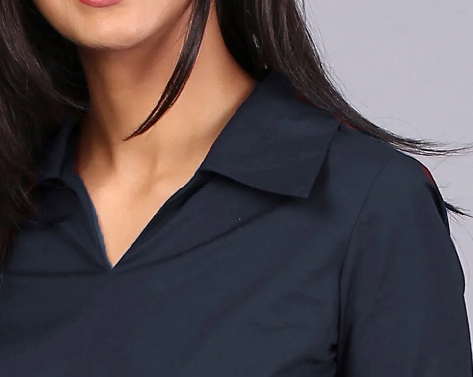 Wide Collar V-Neck Shirt - Navy