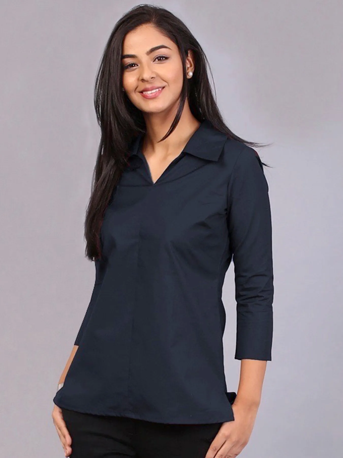 Wide Collar V-Neck Shirt - Navy