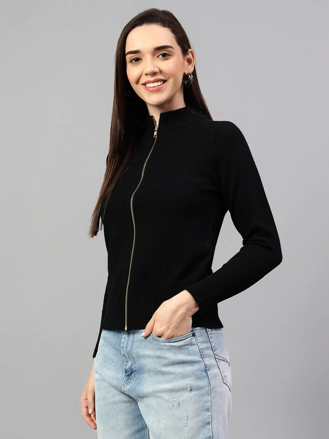 Women's Black Solid Mock Collar Sweatshirt